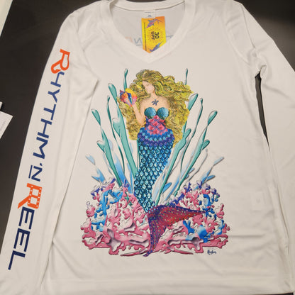 Gorgeous Women's Mermaid design in vivid colors in a cool, soft & comfortable V-Neck long sleeve sport shirt with UPF 30 Sun Protection. Rhythm' n Reel | RnR brand Blue & Orange logos on back and right sleeve of shirt.